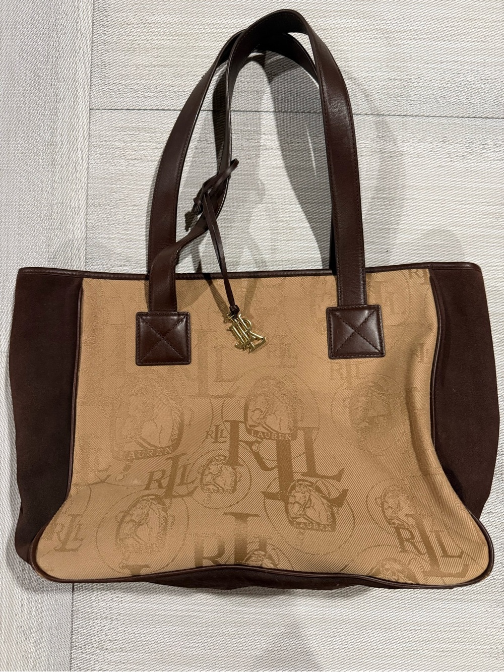 Ralph Lauren Tan Jacquard & Dark Brown Leather Tote